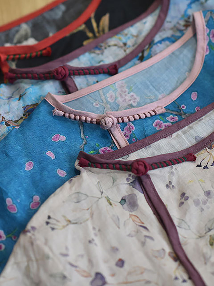 Chemise d'été rétro à imprimé floral 100 % ramie pour femme CX038