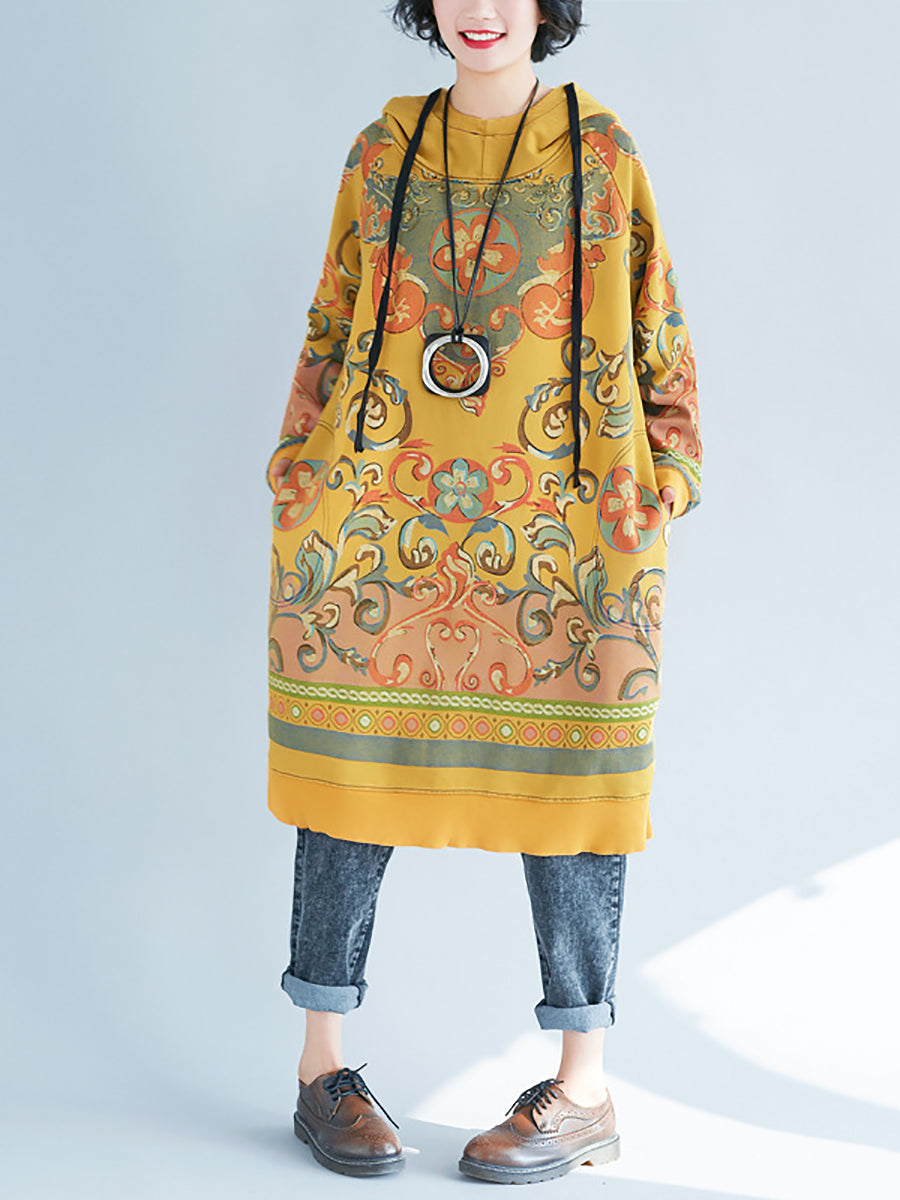 Frauen Vintage Blume Herbst Mit Kapuze Kleid AS1041