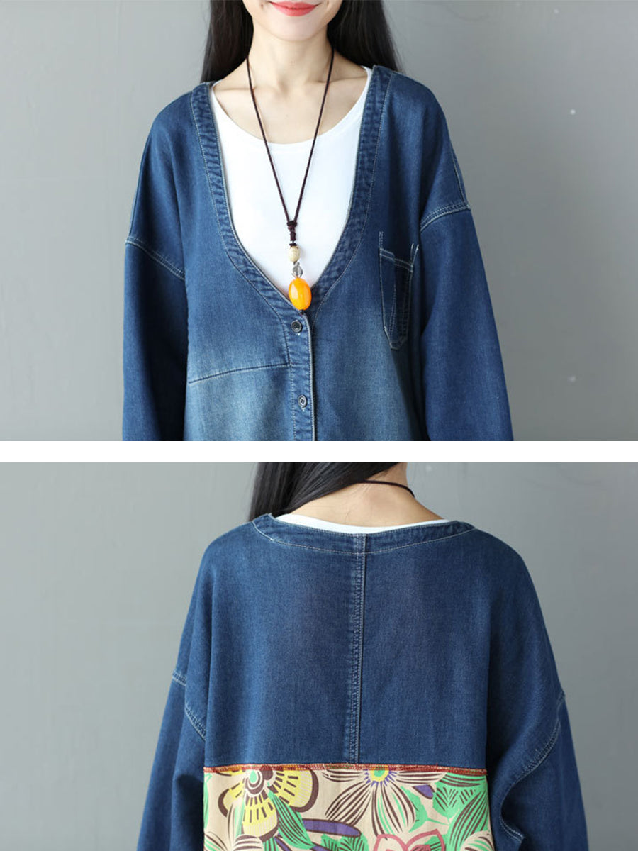 Damen Herbst Casual Blumen Patch Zurück Denim Mantel AS1021