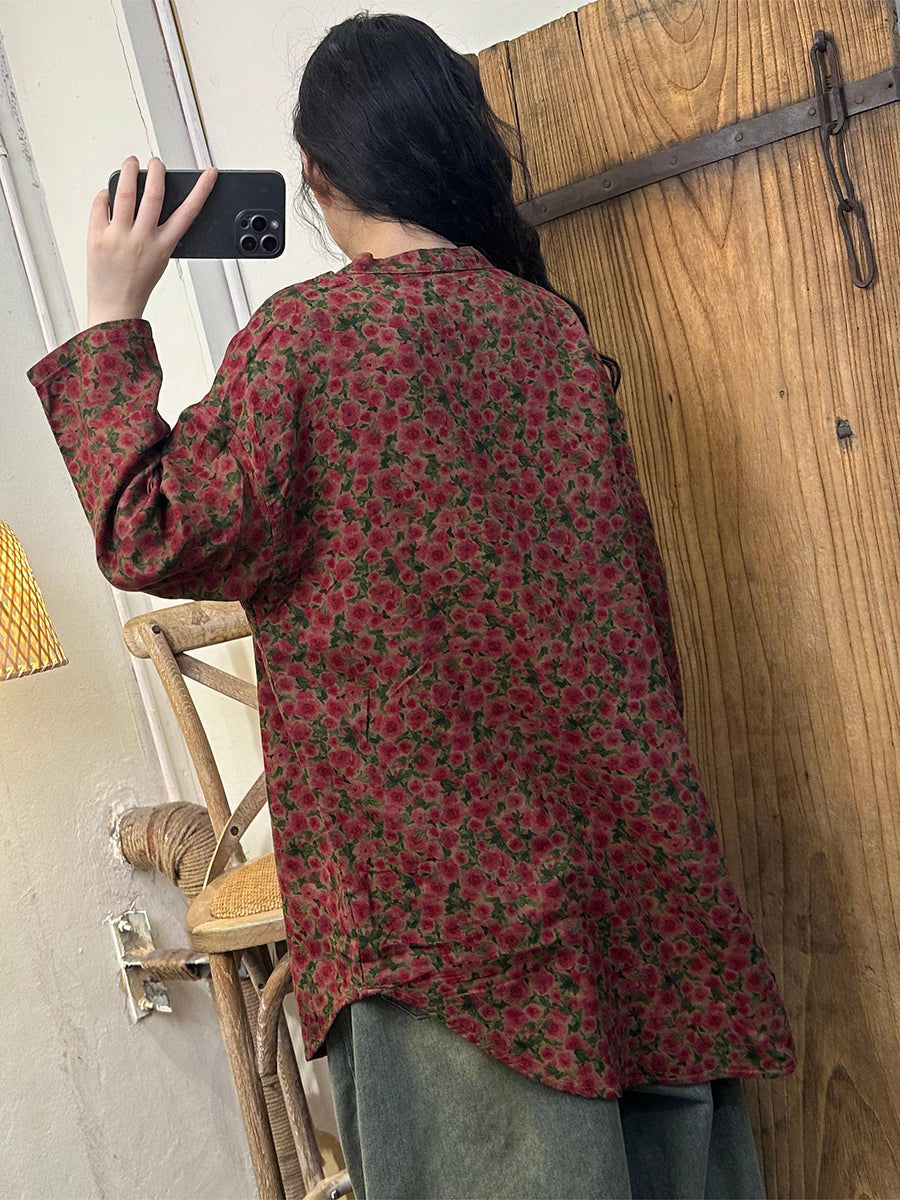 Damen Bluse mit Rundhalsausschnitt und Blumenmuster, 100 % Baumwolle, AT1036