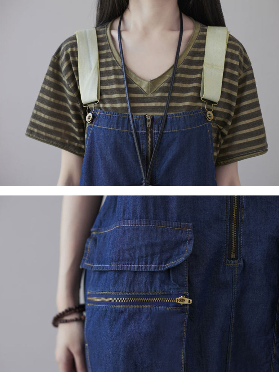 Lässiger Vintage-Jumpsuit aus gewaschenem Denim mit weitem Bein für Damen AT1041