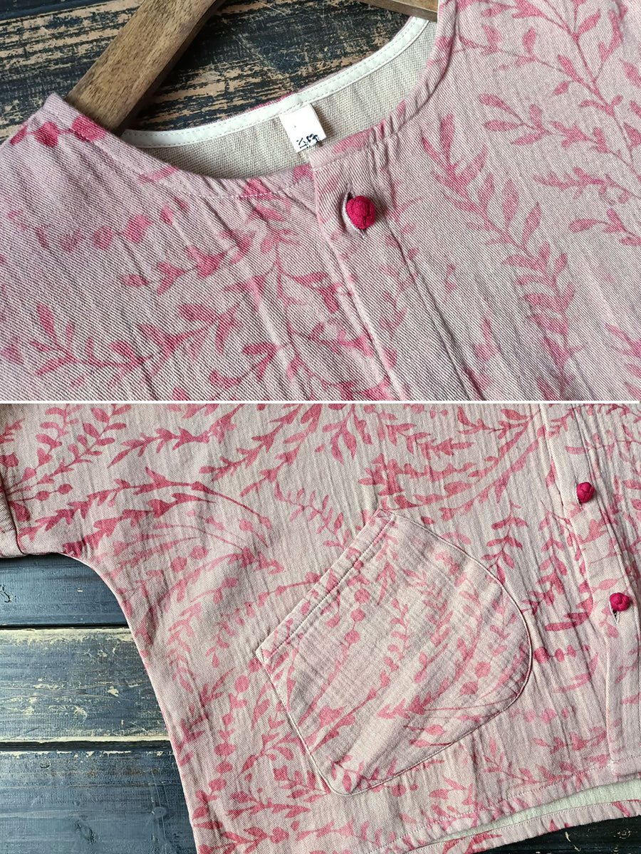 Chemisier en coton à col rond et motif feuilles artistiques pour femme AT1019
