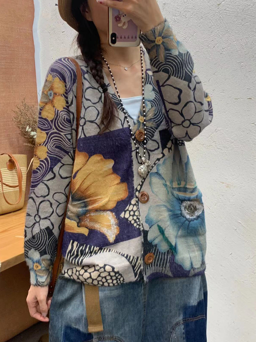 Damen Herbst Blumen Gespleißt V-Ausschnitt Strickjacke Pullover AI1055