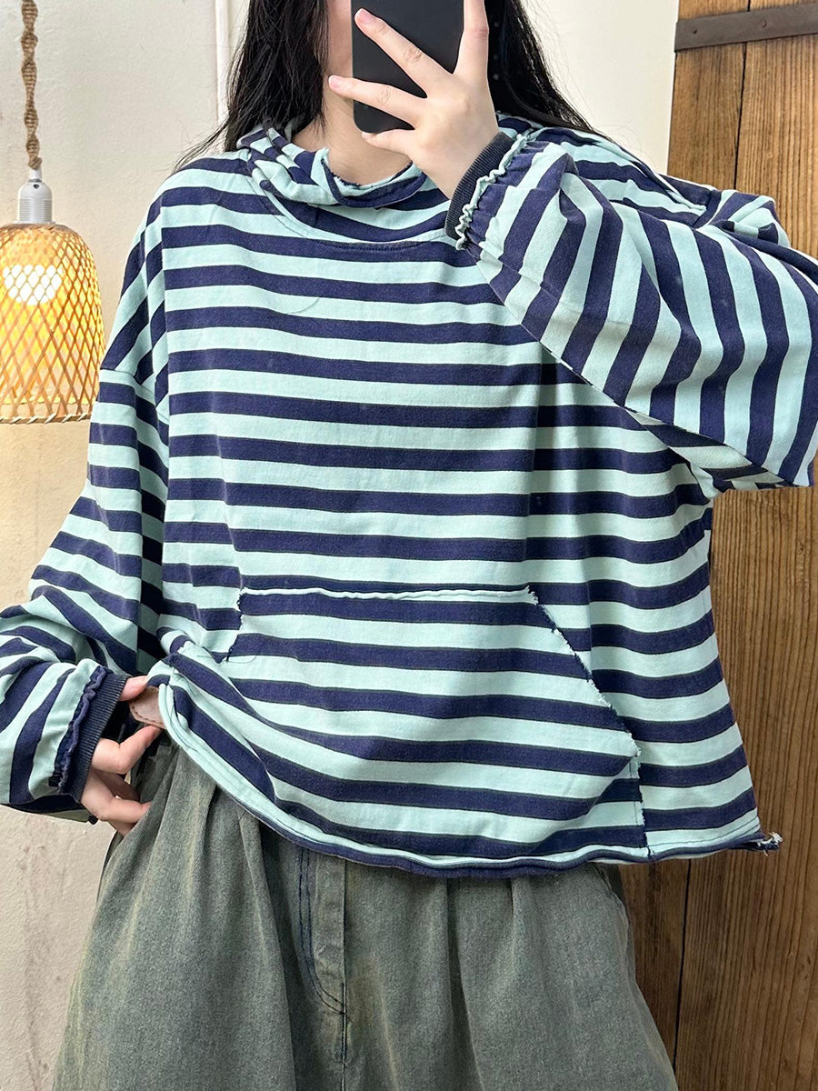 Damen Herbst Casual Streifen Baumwolle Halb Rollkragen Sweatshirt AI1065