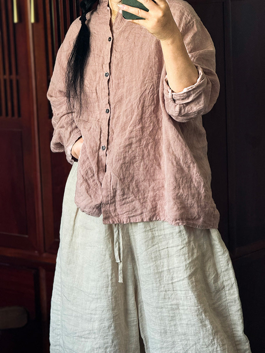 Chemise boutonnée en lin uni vintage pour femme AI1043