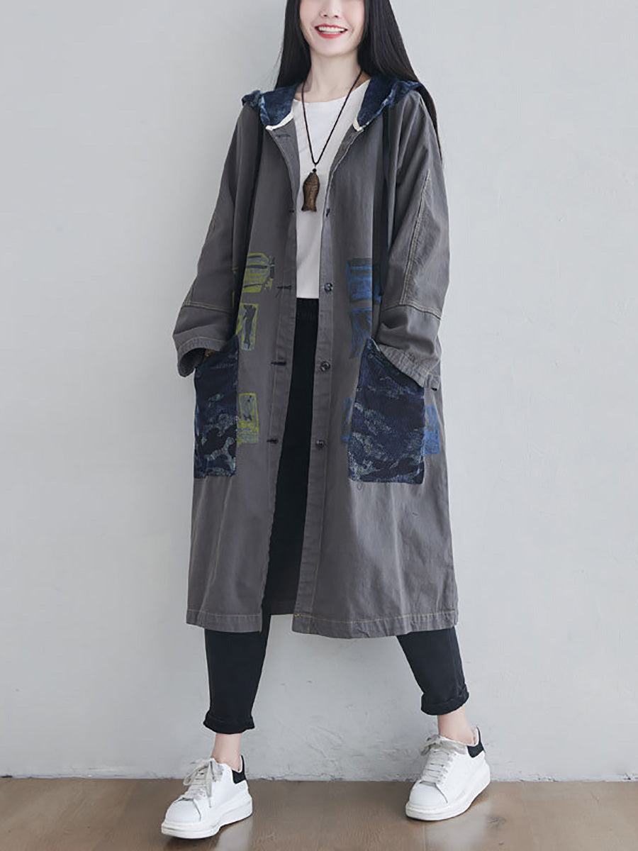 Manteau à capuche en coton color block pour femme, style artistique, automne, AH1030