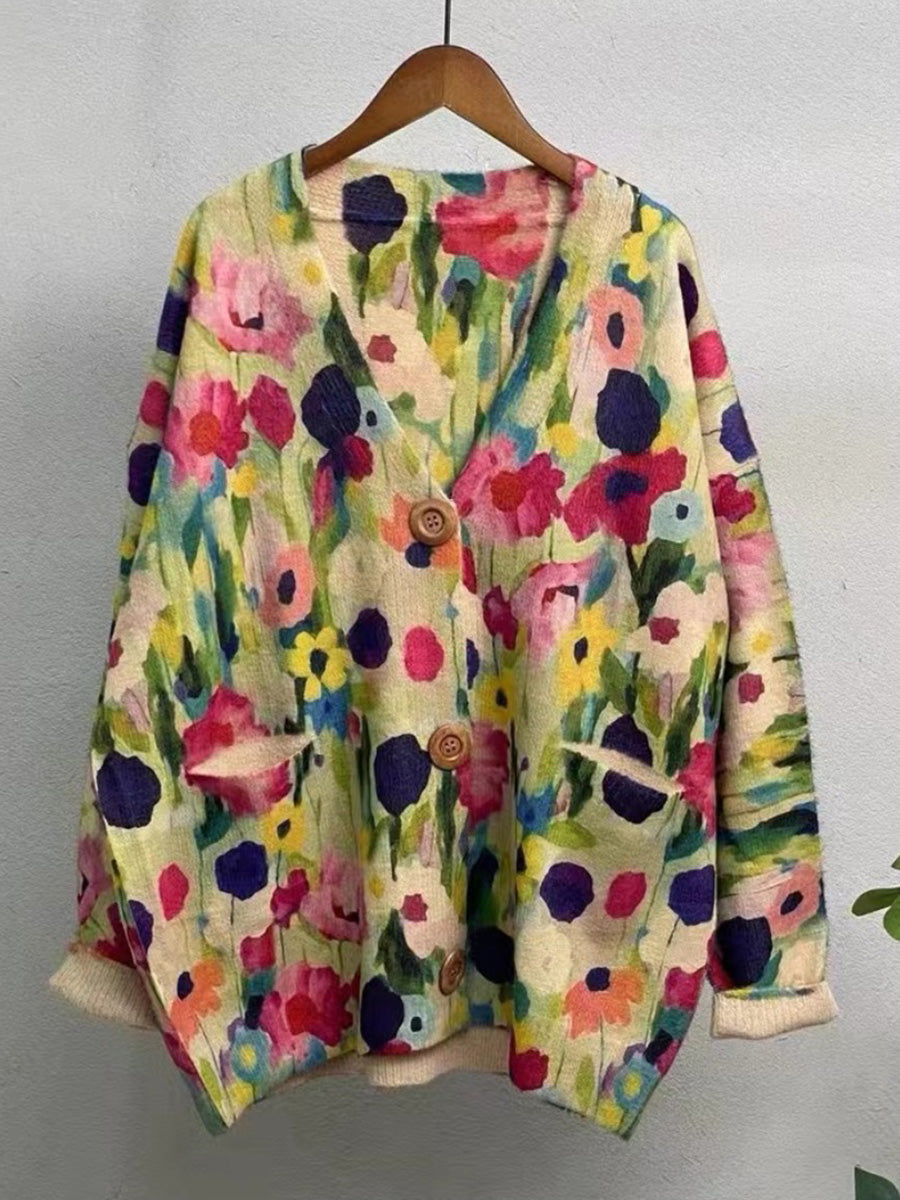 Damen Herbst Blumen V-Ausschnitt Strickpullover AH1048