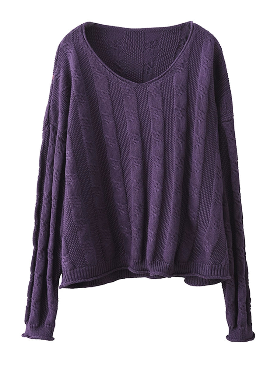 Damen Artsy Herbst-Strickpullover aus Baumwolle mit V-Ausschnitt AK1026