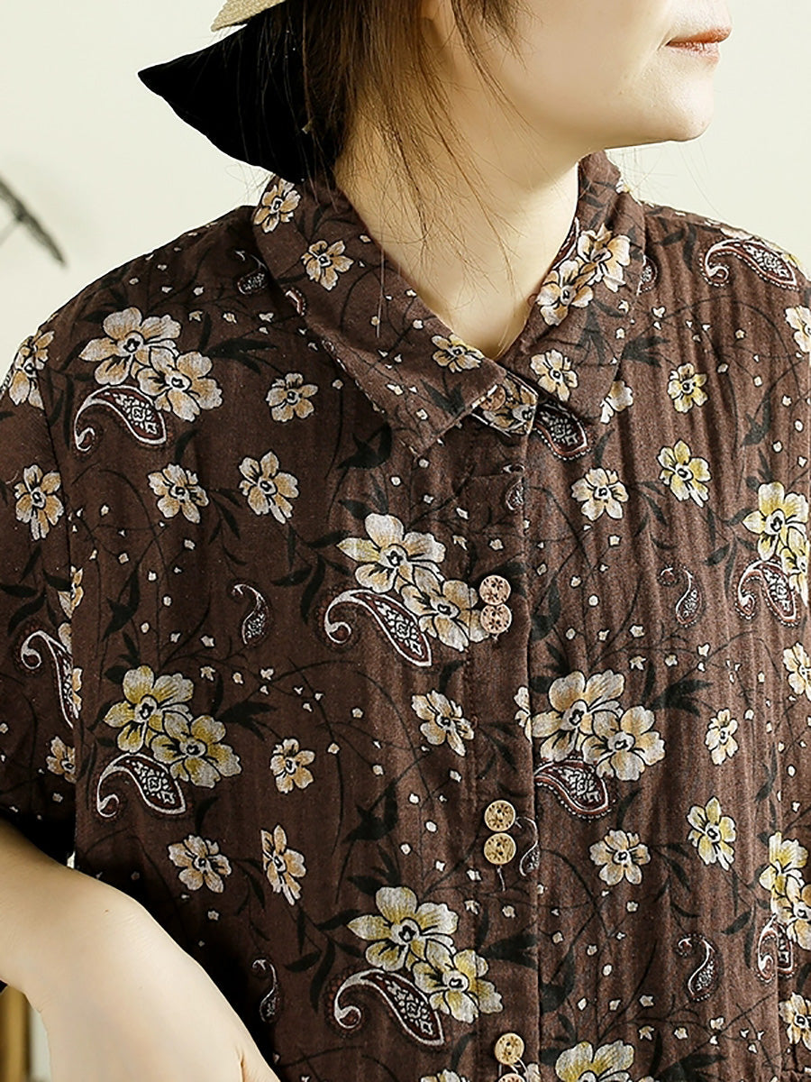 Manteau chemise en coton à fleurs artistiques d'automne pour femmes AK1038