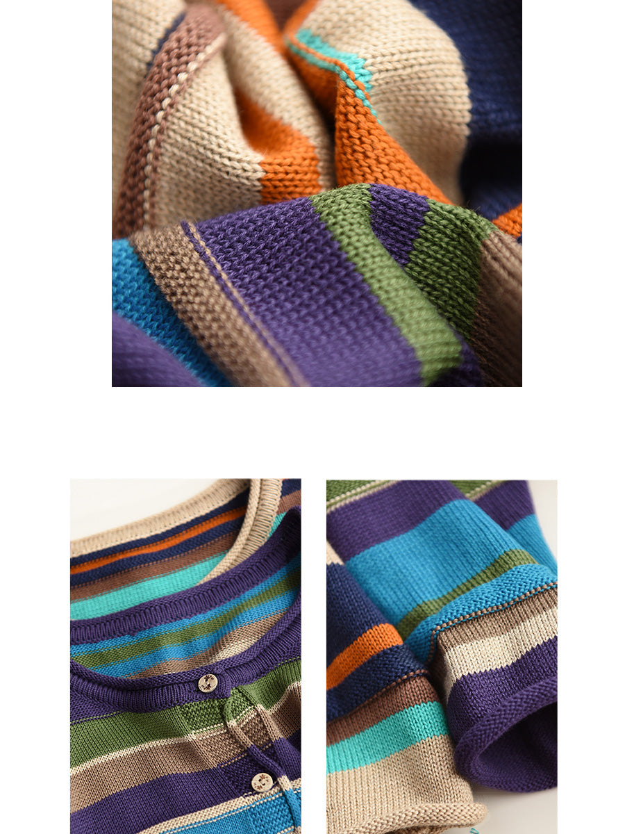 Lässiger Herbstpullover aus Baumwolle mit Farbblock-Streifen und O-Ausschnitt für Damen AH1069