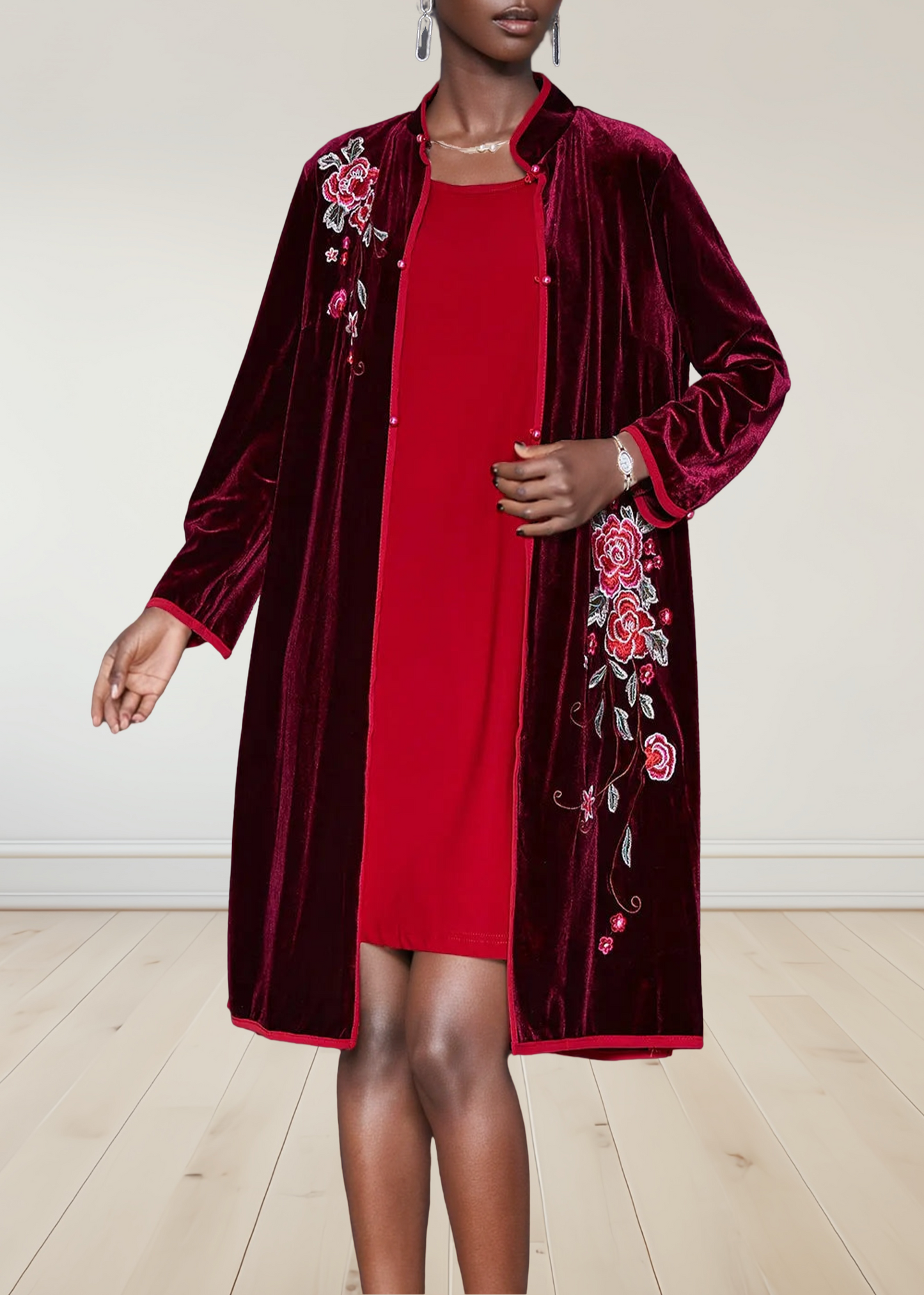 Feiner Maulbeer-Seidenvelours mit Blumenstickereien für Damen, 2-teilig, Herbst ML0317