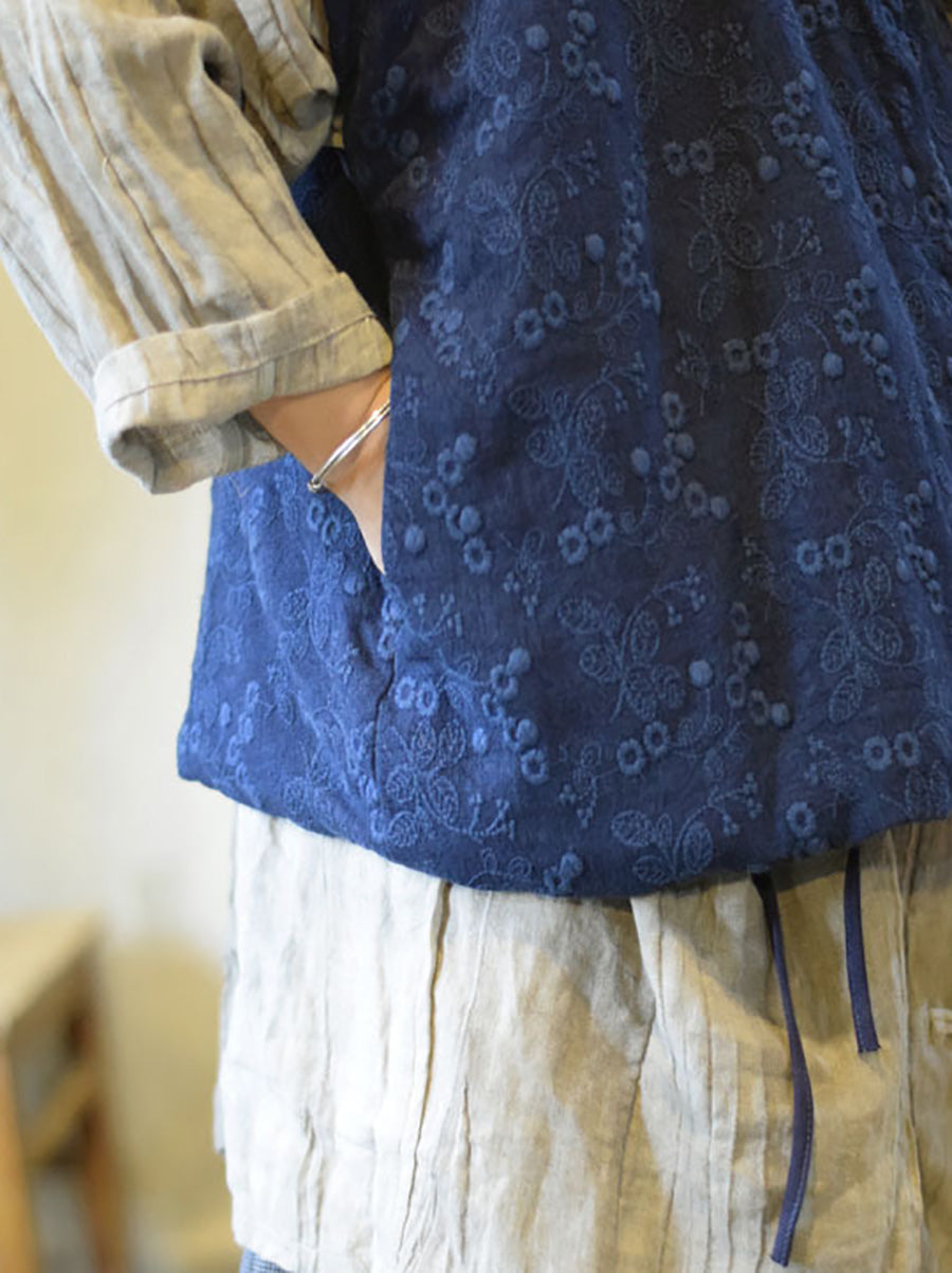 Gilet matelassé en lin à col en V avec broderies florales ethniques pour femmes AX1006