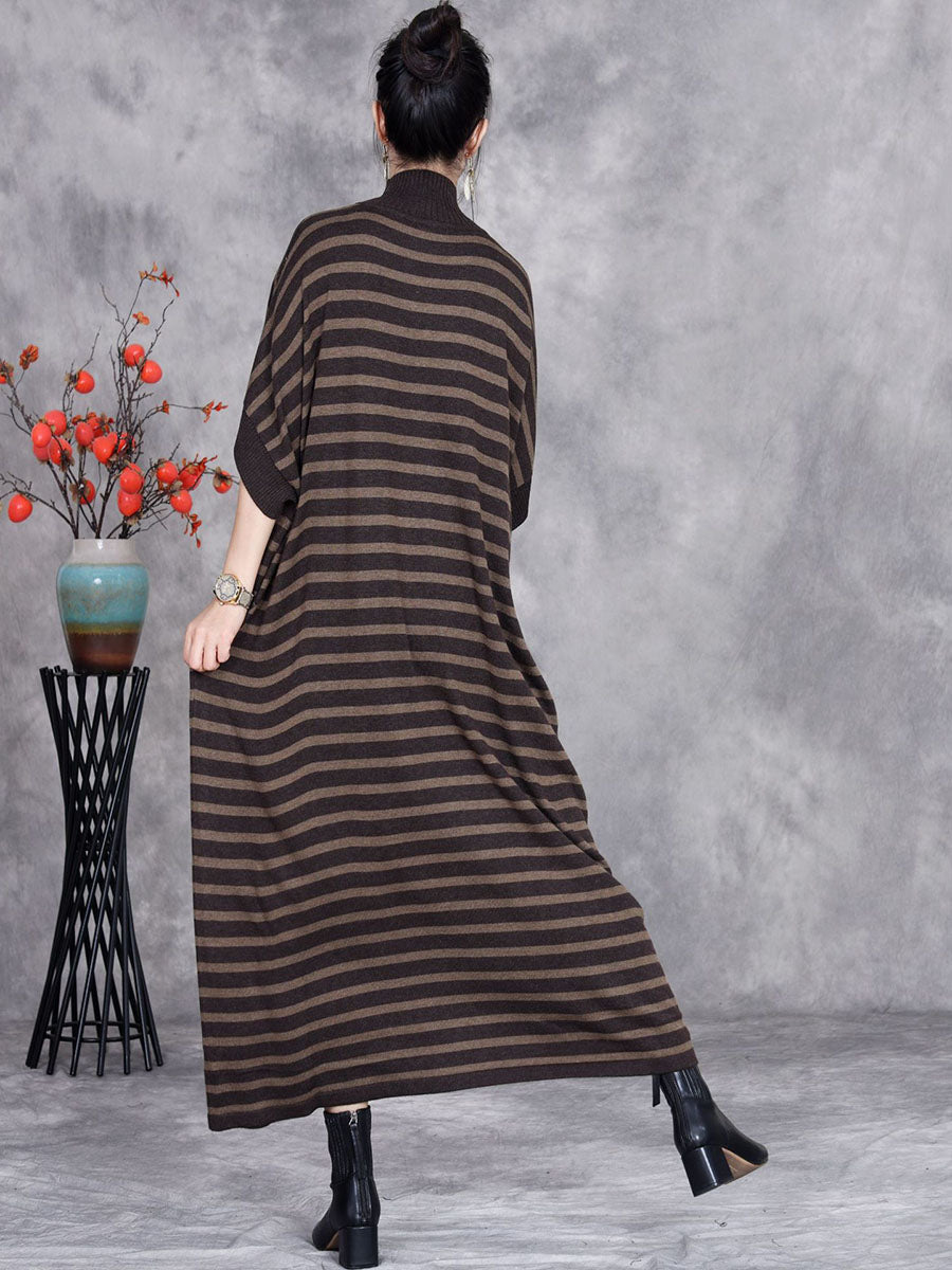 Damen Herbst Streifen Kurzarm Halb Rollkragen Strickkleid AV1012