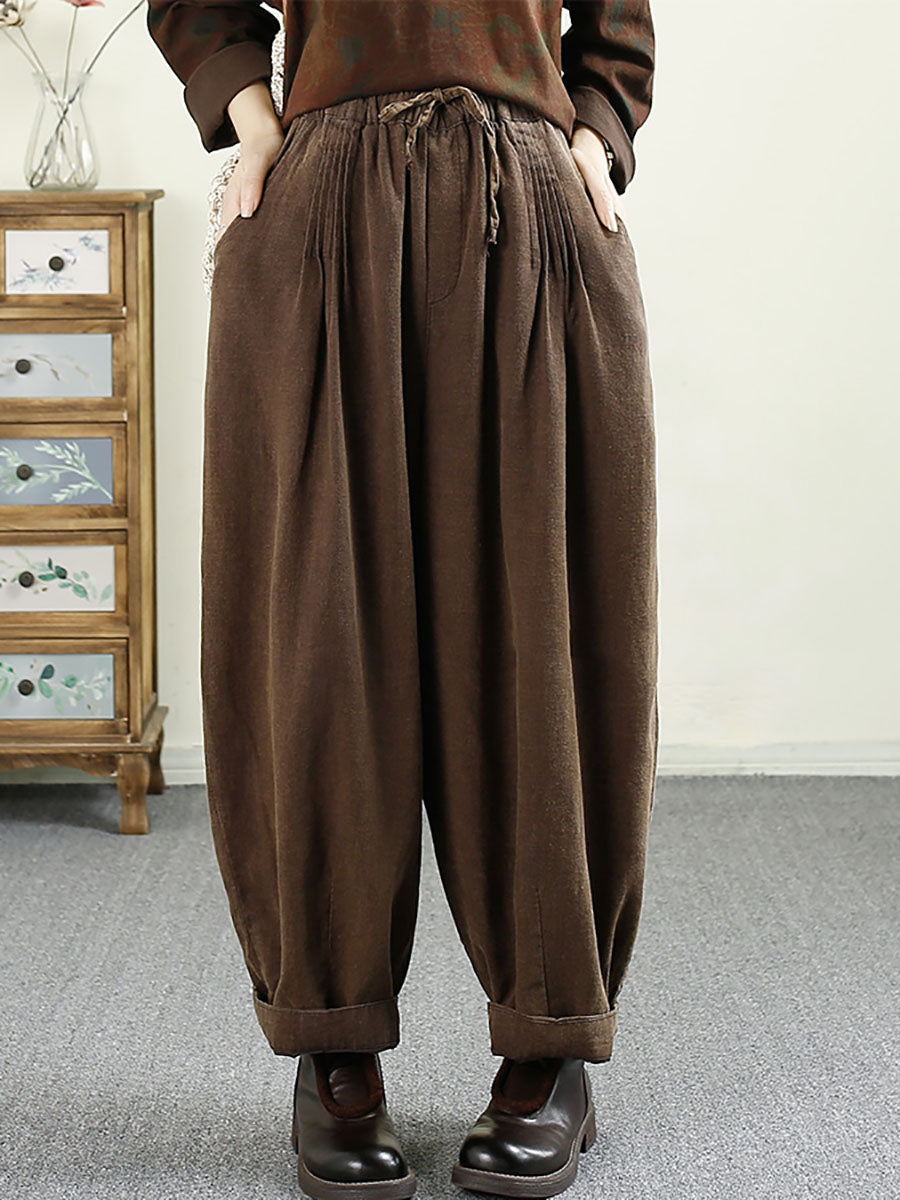 Damen Herbst Vintage Feste Geraffte Leinen Haremshose AV1014