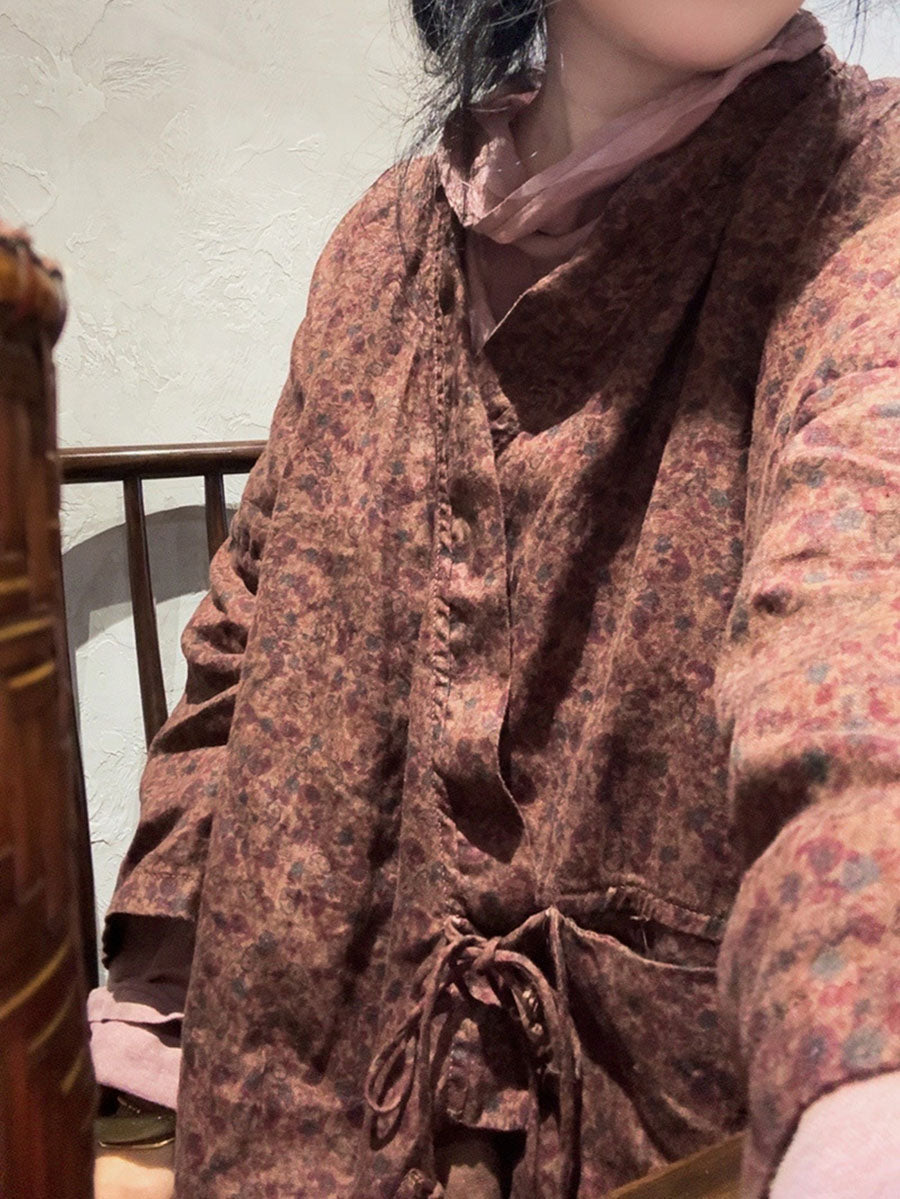 Damen Vintage Floral V-Ausschnitt Träger Leinenhemd AV1072