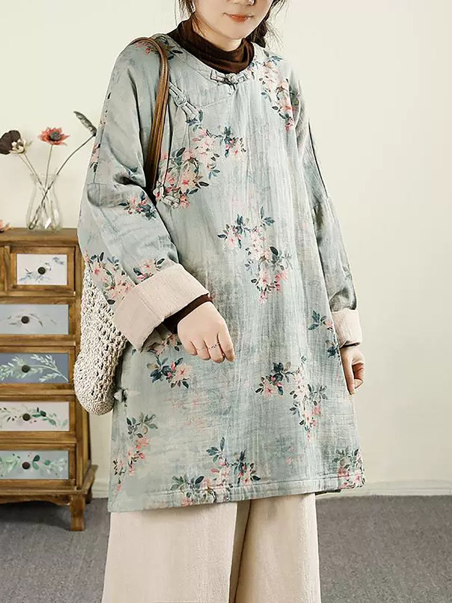 Chemisier ethnique en coton à col rond pour femme avec imprimé floral d'automne AV1060