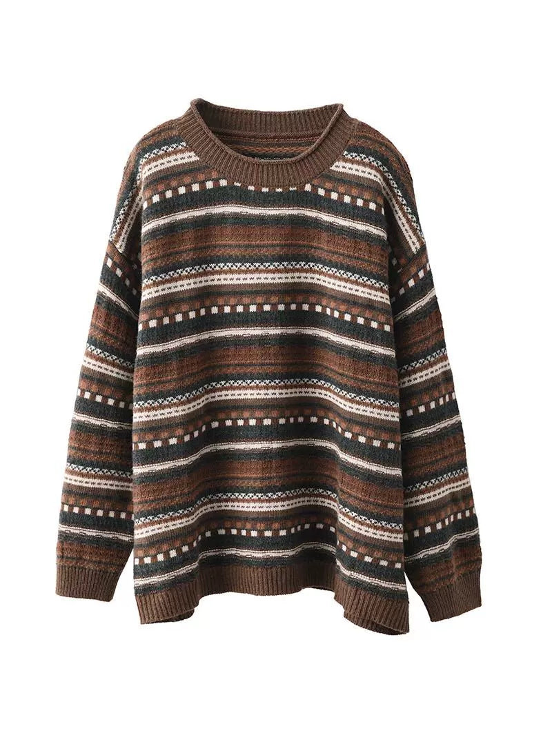 Pull décontracté à col rond en jacquard à rayures pour femme BA1014