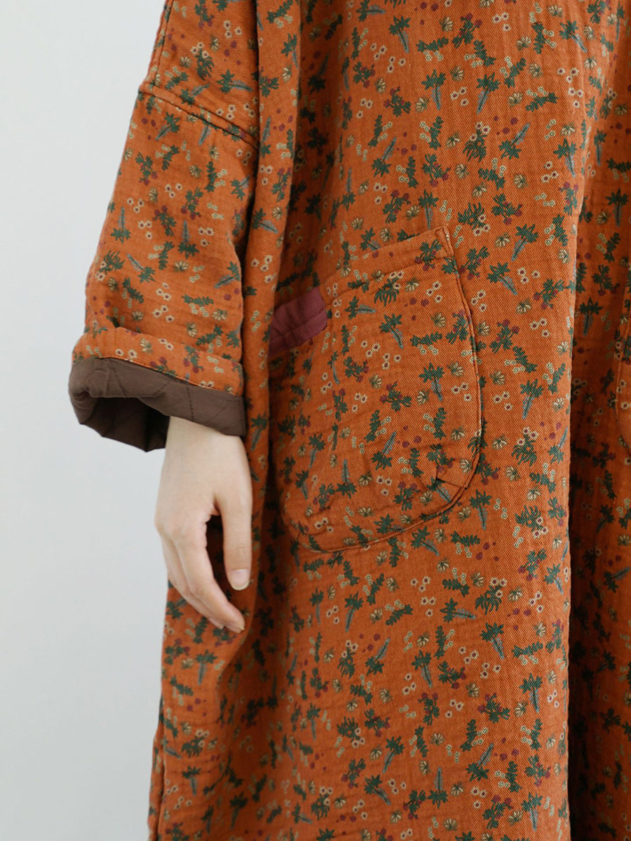 Damen Vintage Floral Stehkragen Baumwolle Robe Kleid QU004