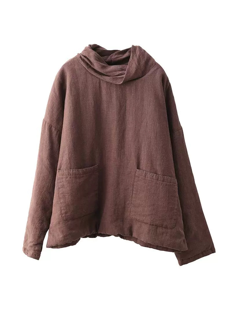 Damen Herbst Vintage Rollkragenpullover aus festem Leinen Gepolsterter Mantel WG012