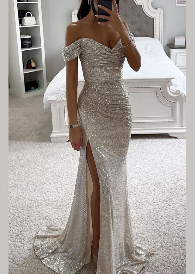 Robe de soirée champagne à paillettes et décolleté ouvert sur le côté, nouvelle collection 2025, TL001