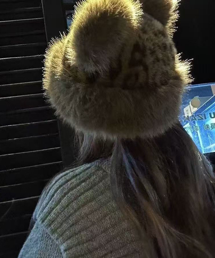 2025 Neue, verdickte, warme, flauschige Pelzmütze mit Leopardenmuster RB045