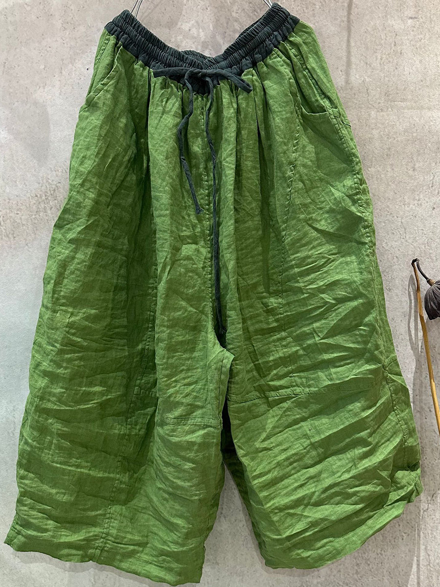 Sommer Weite Beinhose Colorblock Damen Leinen
