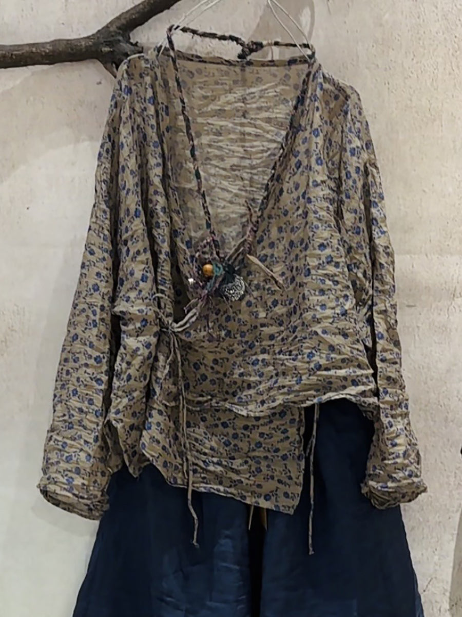 Chemise vintage à rayures et fleurs, col en V, pour femme, en ramie