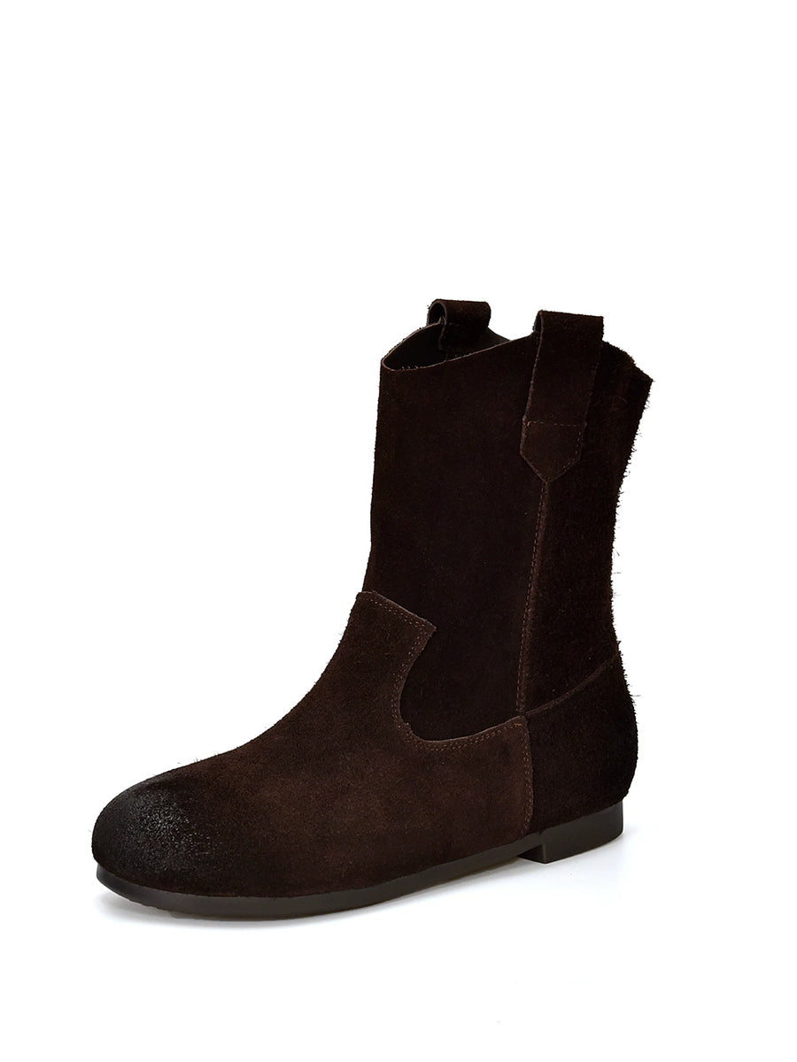 Spliced Low Boots Vintage Women Genuine Leather Heel