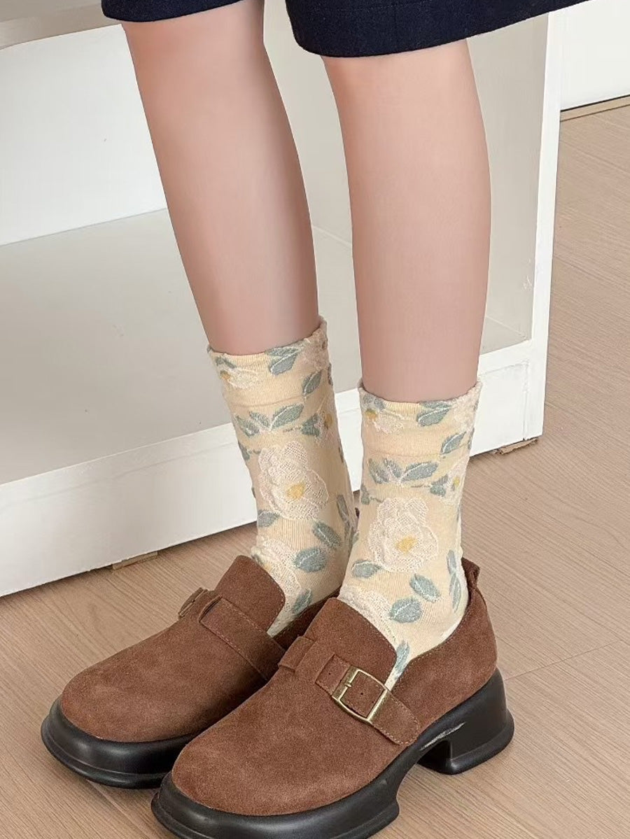 Autumn Socks Women 5 Artsy Flower Cotton Pairs Embossing