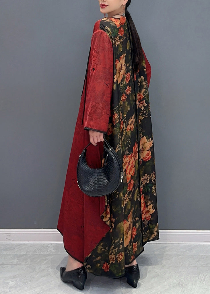 Robe longue en soie rouge à col rond et manches longues de style chinois AO1057