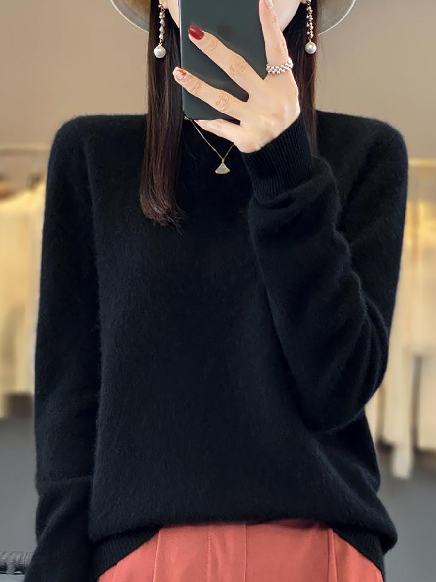 Pull col rond en tricot uni 100 % laine pour femme, automne WU023