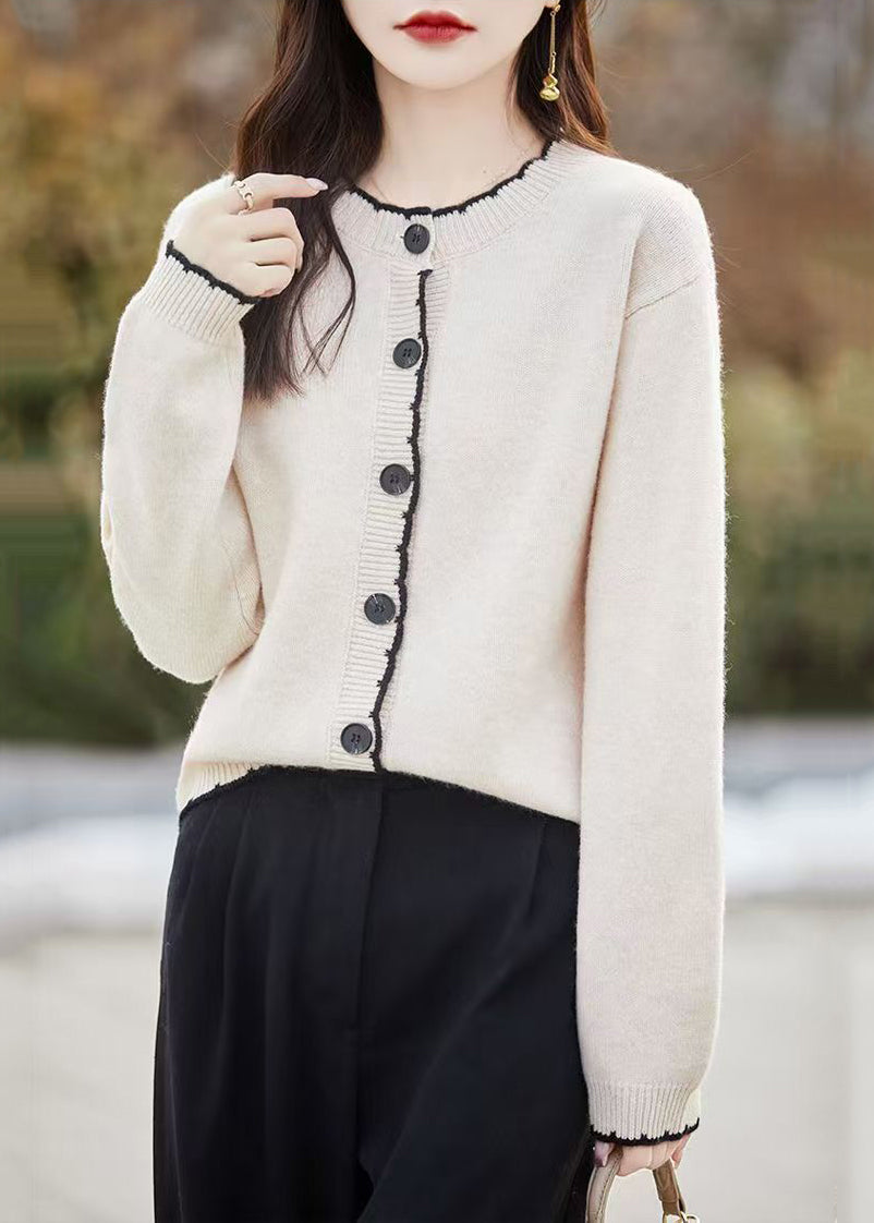 Edle beige O-Ausschnitt Knopf Wollstrickjacken Herbst QX025