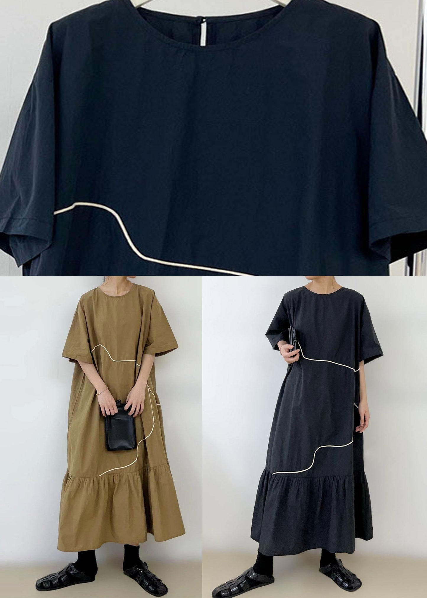 French Khaki Ruffled Patchwork Maxi Dress Short Sleeve TT1046