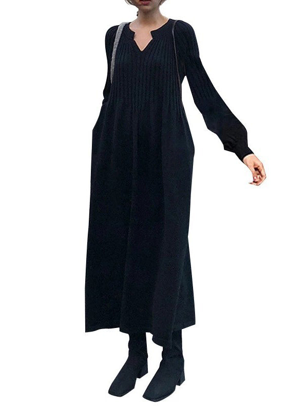 Robe en tricot décontractée ample grise à col en V et manches longues bouffantes plissées AN1038