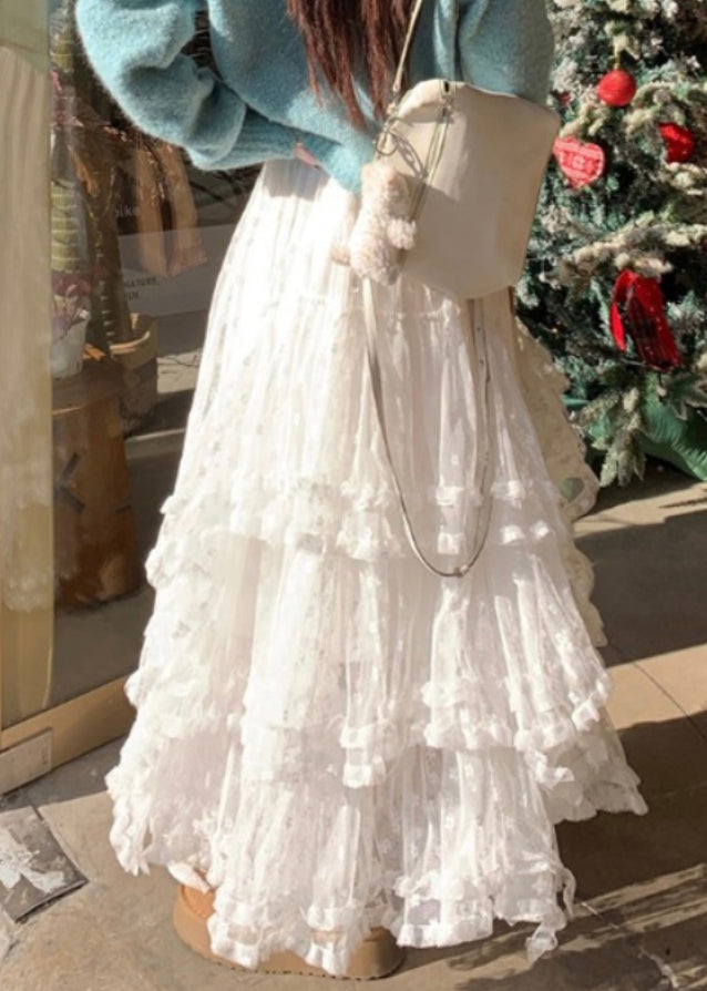 Französische weiße Rüschen-Spitzenröcke mit hoher Taille Frühling RV016