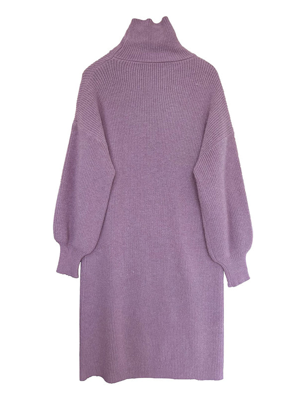 Urban Loose Lila Pulloverkleid mit hohem Kragen und langen Puffärmeln AN1052