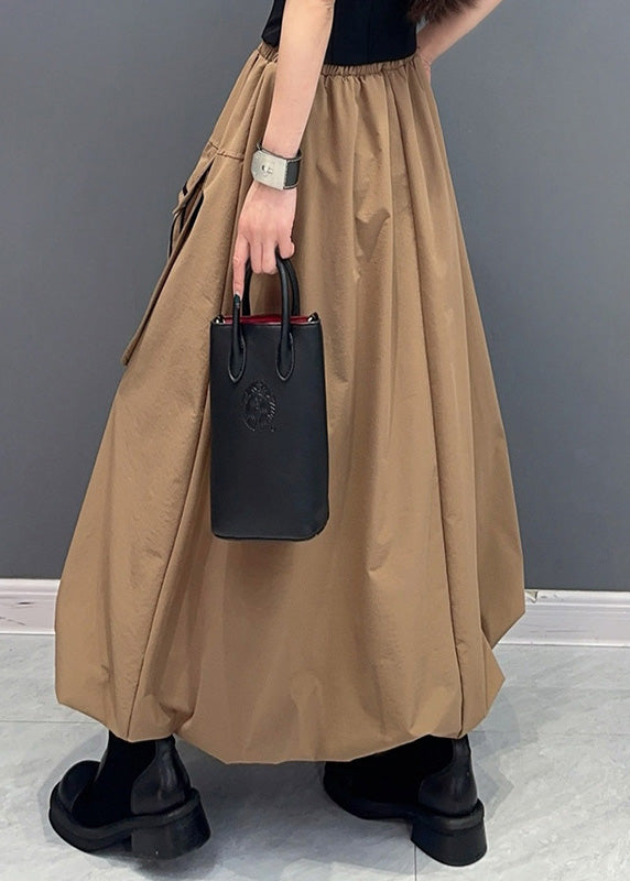 Lässiger Khaki-Baumwollrock mit Taschen und elastischer Taille für den Sommer AO1014