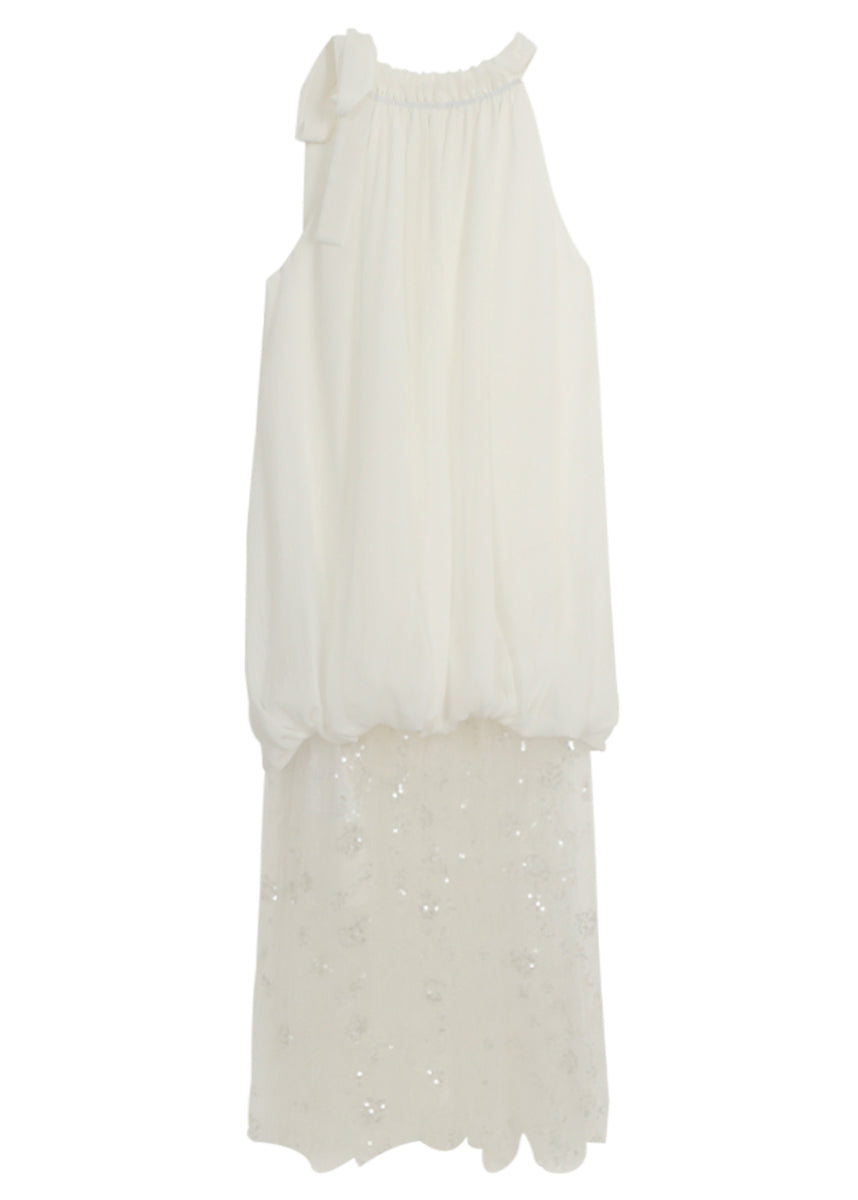 Robe de vacances en tulle patchwork froissé blanc sans manches AZ1029