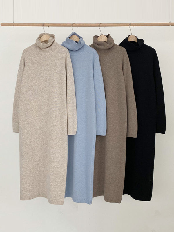 Robe pull décontractée à manches longues et col montant en kaki AN1061