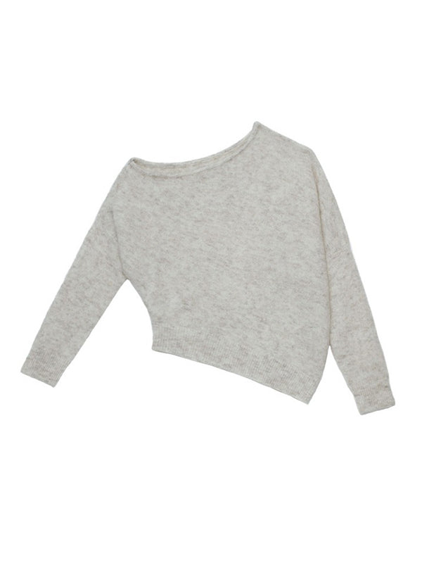 Pull décontracté blanc à manches longues et épaules dénudées avec ourlet asymétrique QX007