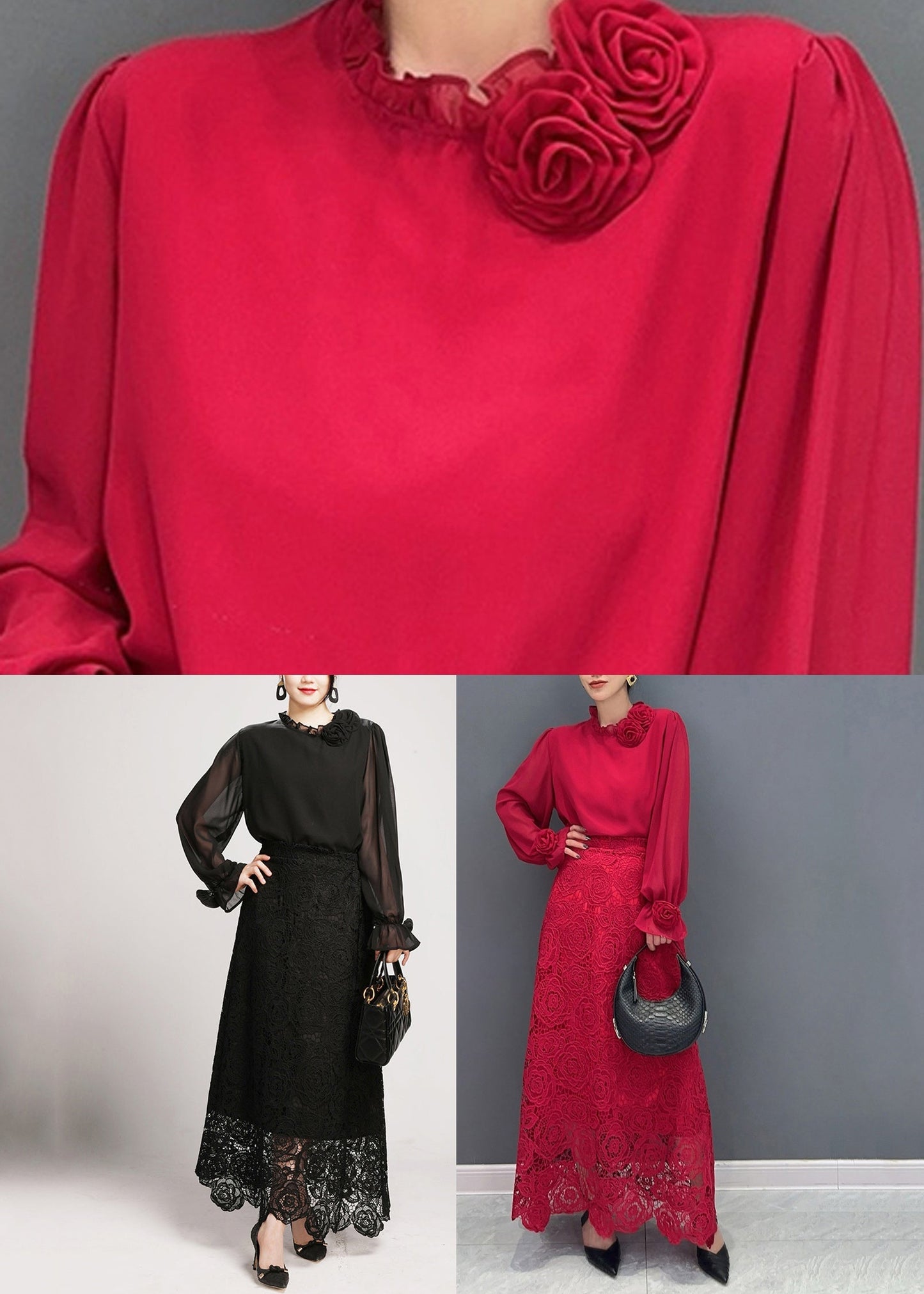 Ensemble deux pièces chemises et jupes longues en dentelle rose rouge fine automne AO1033