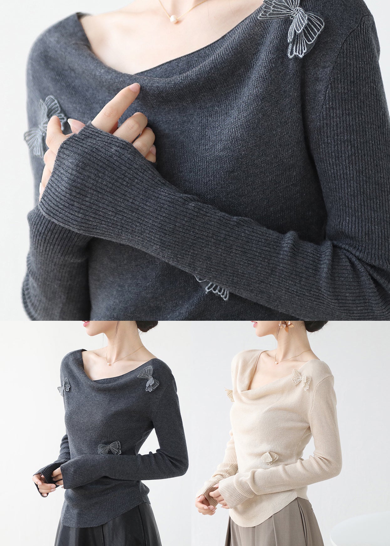Aprikosenfarbenes, mit Schmetterlingen verziertes Slim Fit Stricktop für den Winter RV022