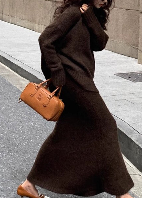 Ensemble deux pièces en tricot de coton marron confortable et jupe longue grande taille, hiver WV029
