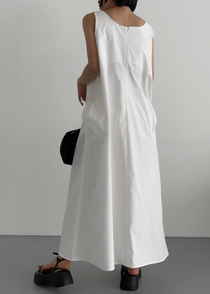 Frauen Hals Baumwolle Kleider Weiß Robe Ärmelloses U