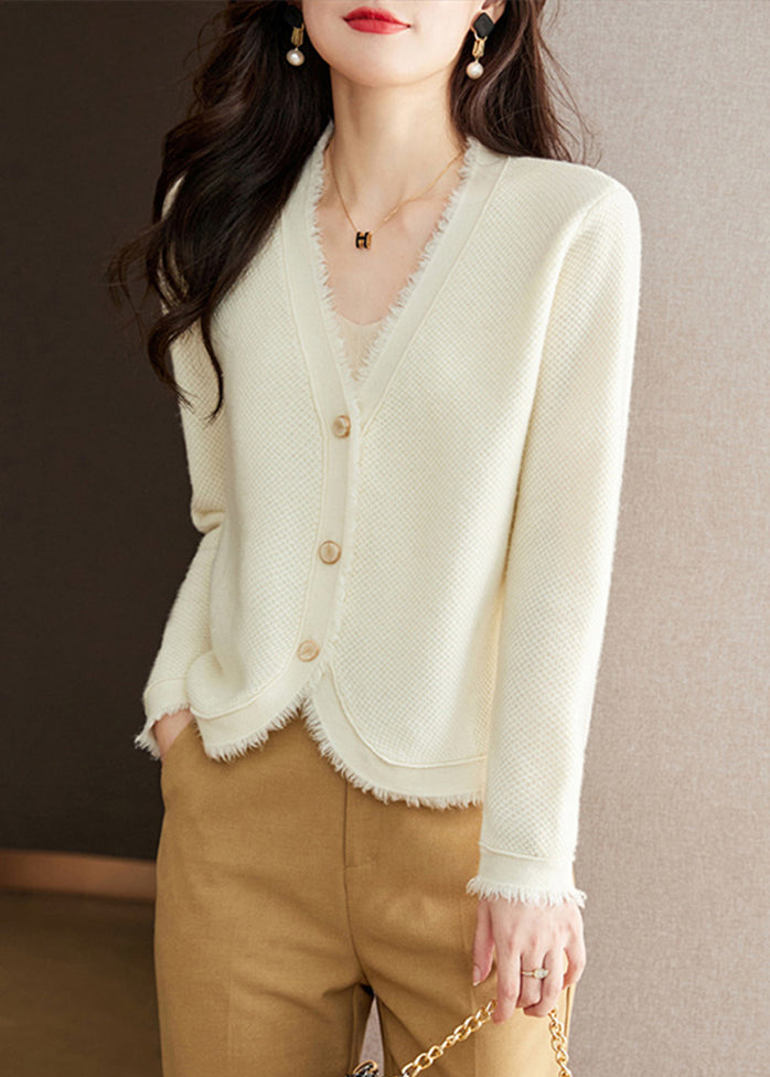 Nouveau cardigan beige en tricot de laine unie à col en V et boutons, automne RY020