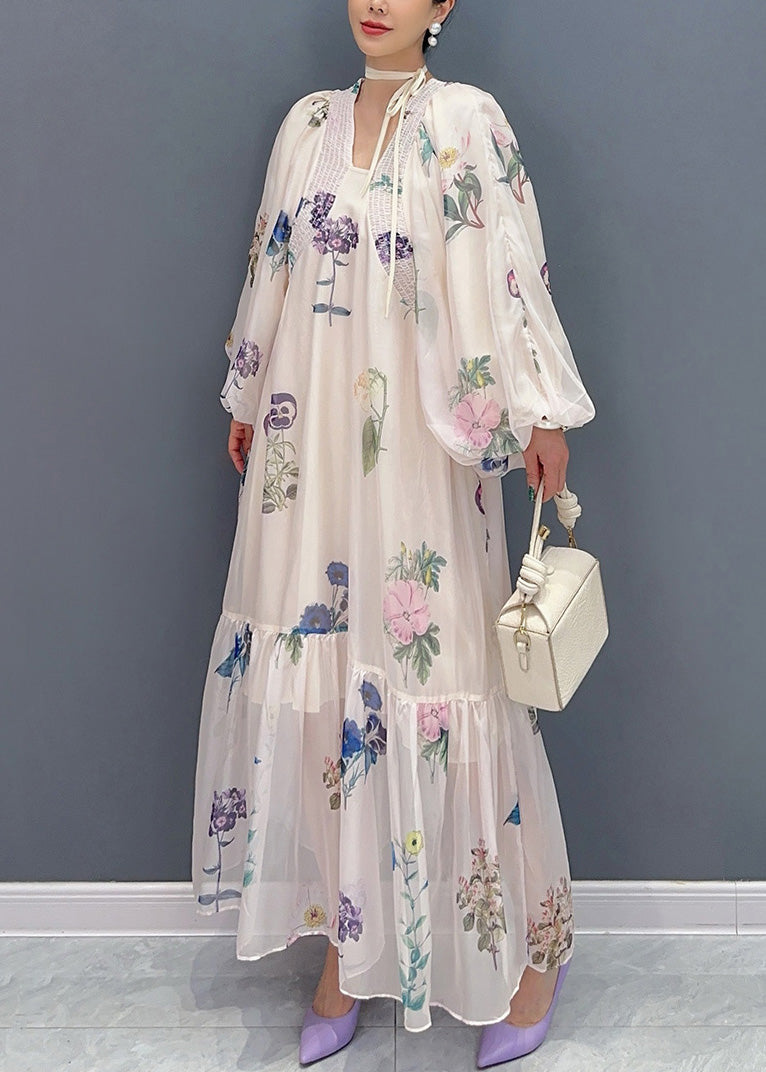 Bohemian Weiß Print Chiffon Lange Kleider Laterne Ärmel AR1027