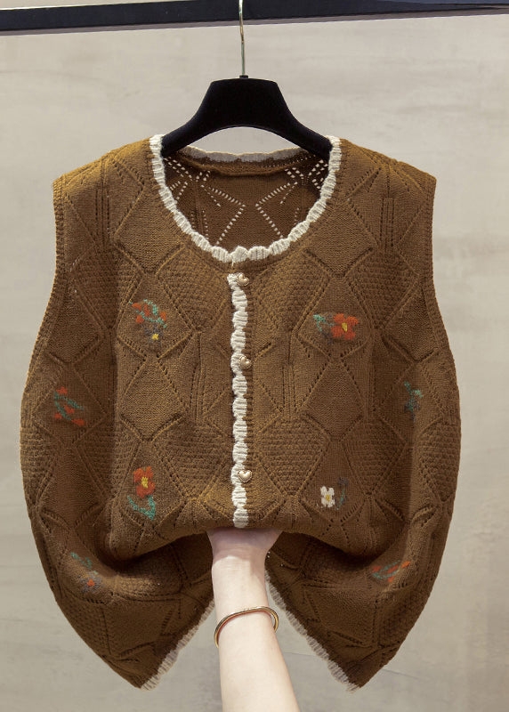 Einzigartige beige O-Ausschnitt bestickte Blumen-Baumwoll-Strickweste Herbst QP013