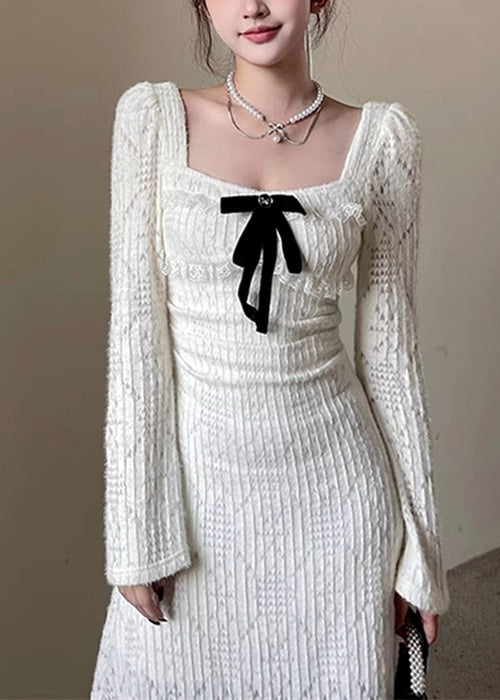 Robes carrées creuses en coton blanc à col long, élégantes et printanières