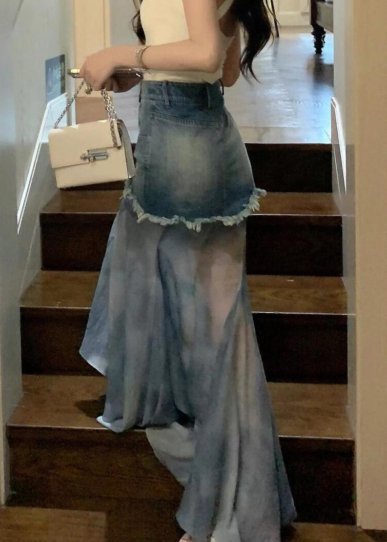 Slim Fit Blau Hohe Taille Patchwork Denim Maxi Röcke Frühling RV007