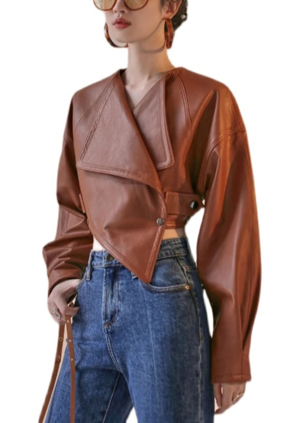 Manteau court en similicuir patchwork asymétrique marron style automne RY008